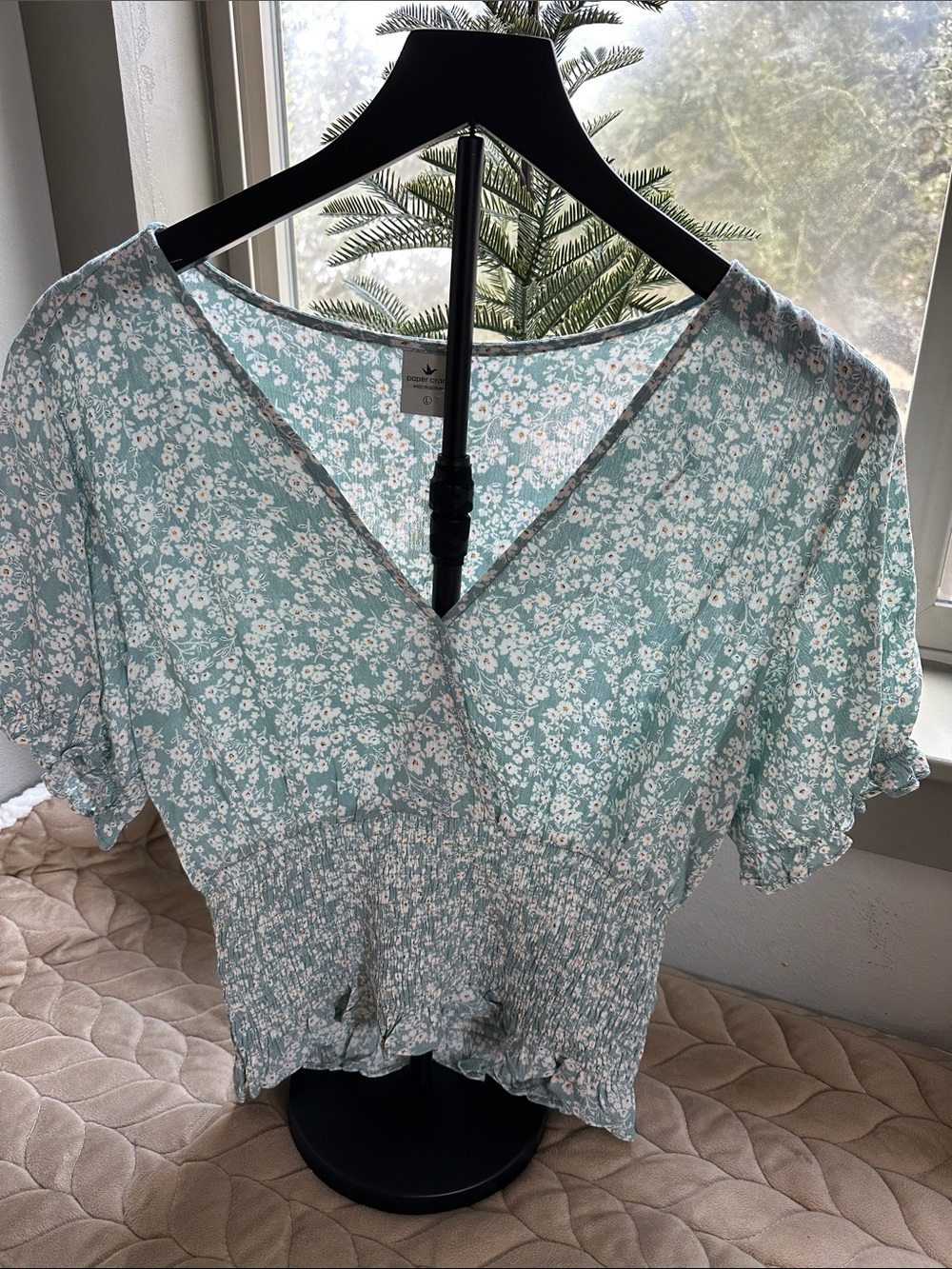 Paper Crane Mint Floral Smocked V-Neck Flutter Sleeve Top